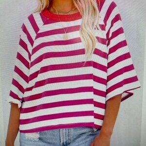 Women HOT PINK & WHITE Striped Crewneck Tee with Pink Trim - L - New w/Tags